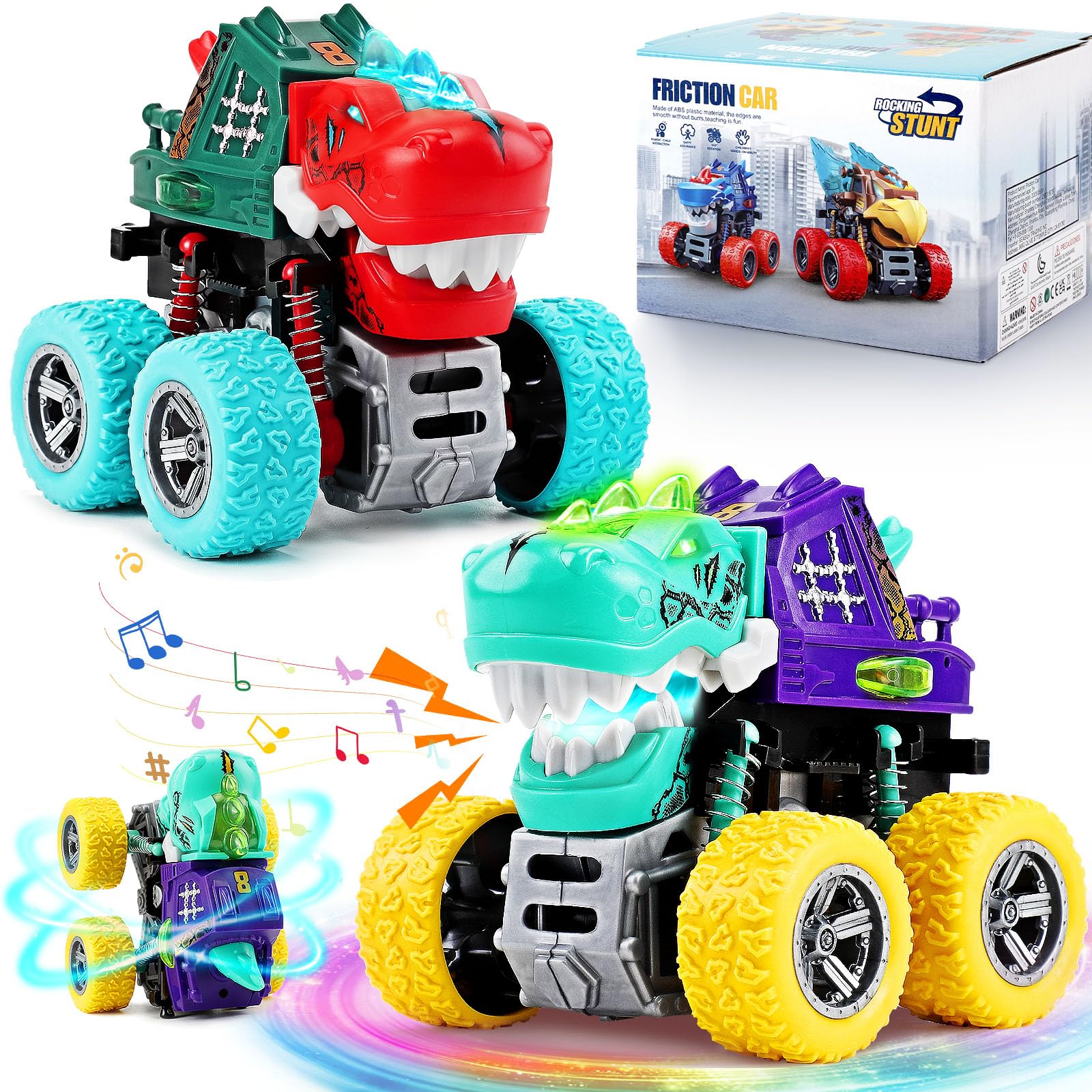 Dinosaur Monster Truck Toys for Kids 3-5 – Friction Powered 360° Stunt Spin with LED Lights & Roaring Sounds (2-Pack)