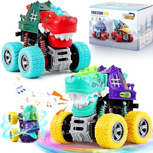 Dinosaur Monster Truck Toys for Kids 3-5 – Friction Powered 360° Stunt Spin with LED Lights & Roaring Sounds (2-Pack)