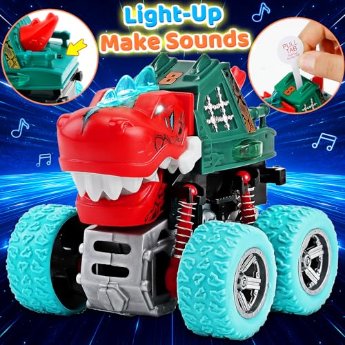 Dinosaur Monster Truck Toys for Kids 3-5 – Friction Powered 360° Stunt Spin with LED Lights & Roaring Sounds (2-Pack)