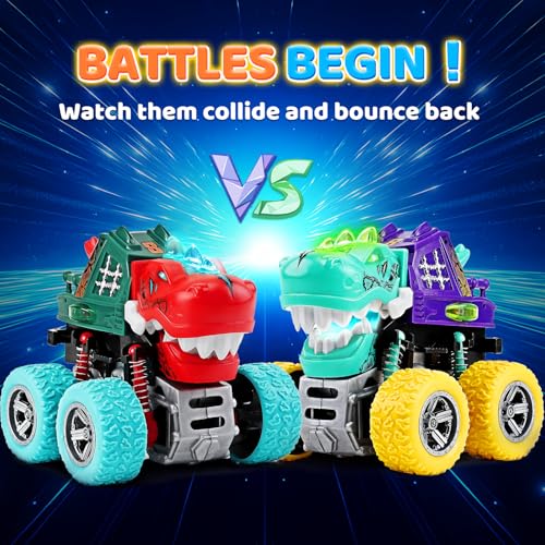 Dinosaur Monster Truck Toys for Kids 3-5 – Friction Powered 360° Stunt Spin with LED Lights & Roaring Sounds (2-Pack)