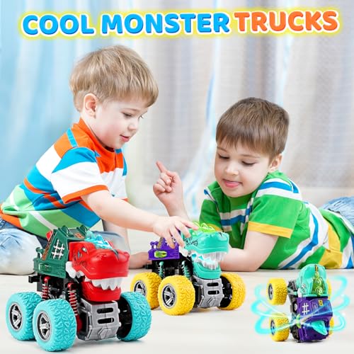 Dinosaur Monster Truck Toys for Kids 3-5 – Friction Powered 360° Stunt Spin with LED Lights & Roaring Sounds (2-Pack)