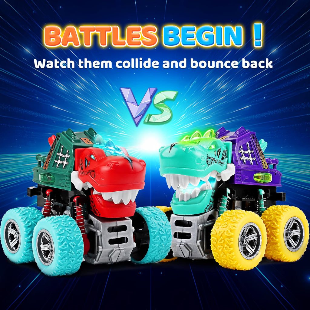 Dinosaur Monster Truck Toys for Kids 3-5 – Friction Powered 360° Stunt Spin with LED Lights & Roaring Sounds (2-Pack)