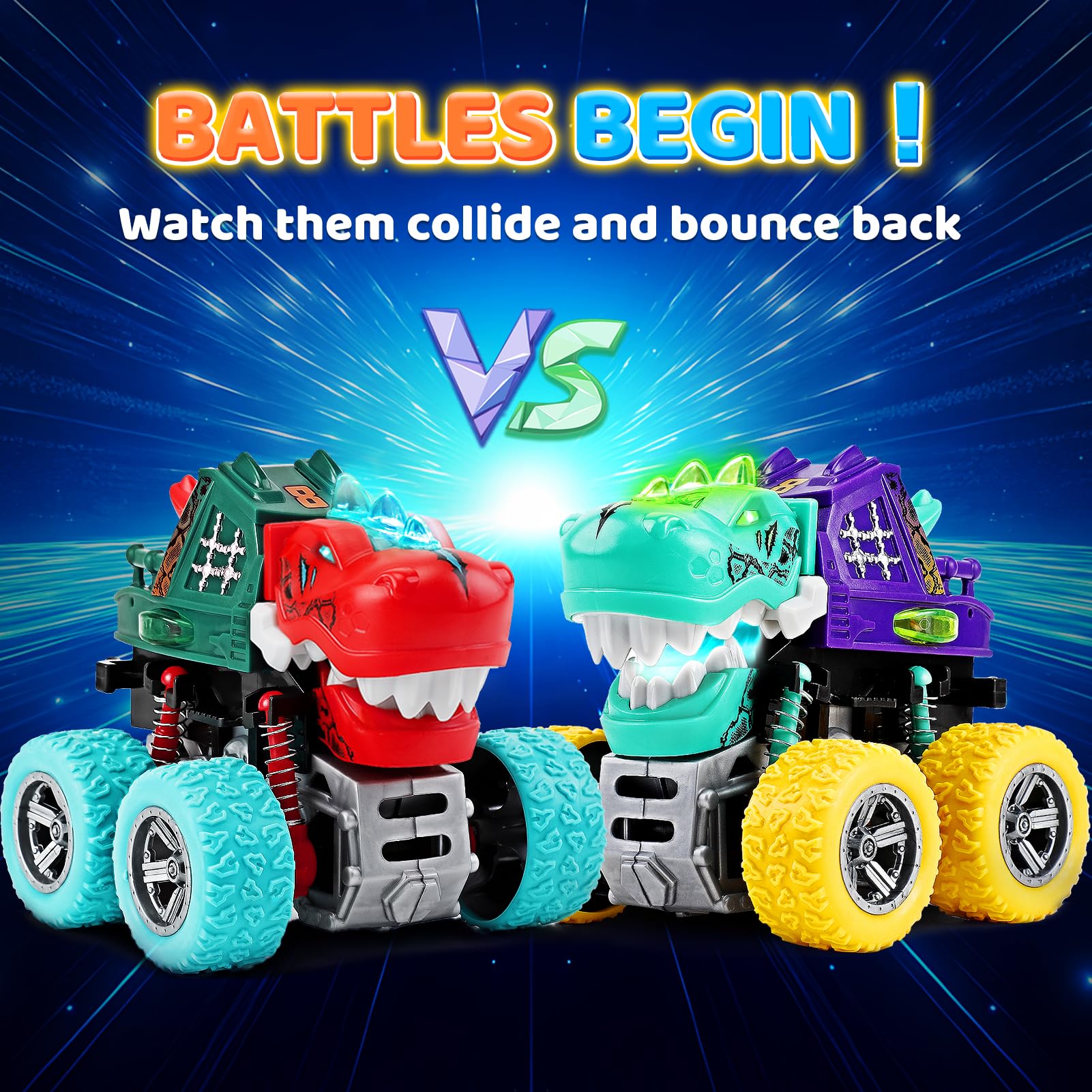 Dinosaur Monster Truck Toys for Kids 3-5 – Friction Powered 360° Stunt Spin with LED Lights & Roaring Sounds (2-Pack)