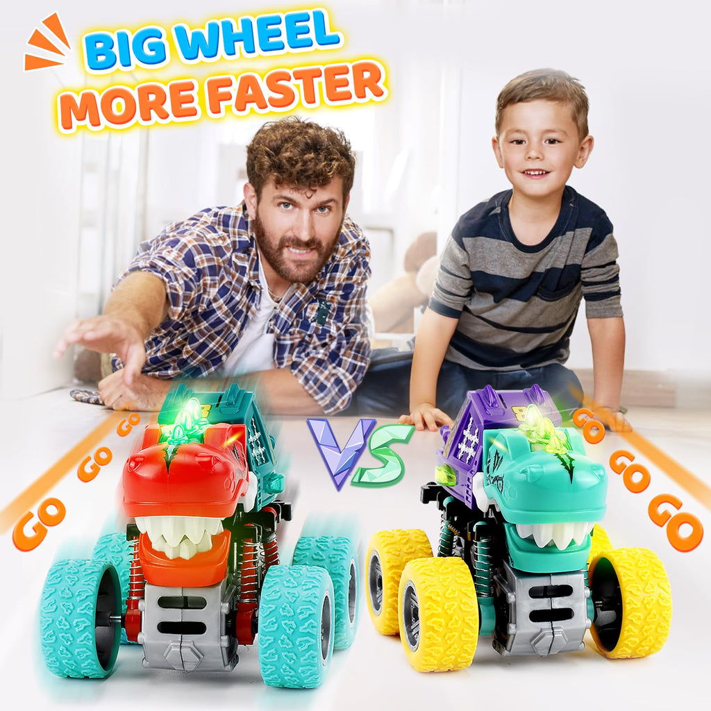Dinosaur Monster Truck Toys for Kids 3-5 – Friction Powered 360° Stunt Spin with LED Lights & Roaring Sounds (2-Pack)