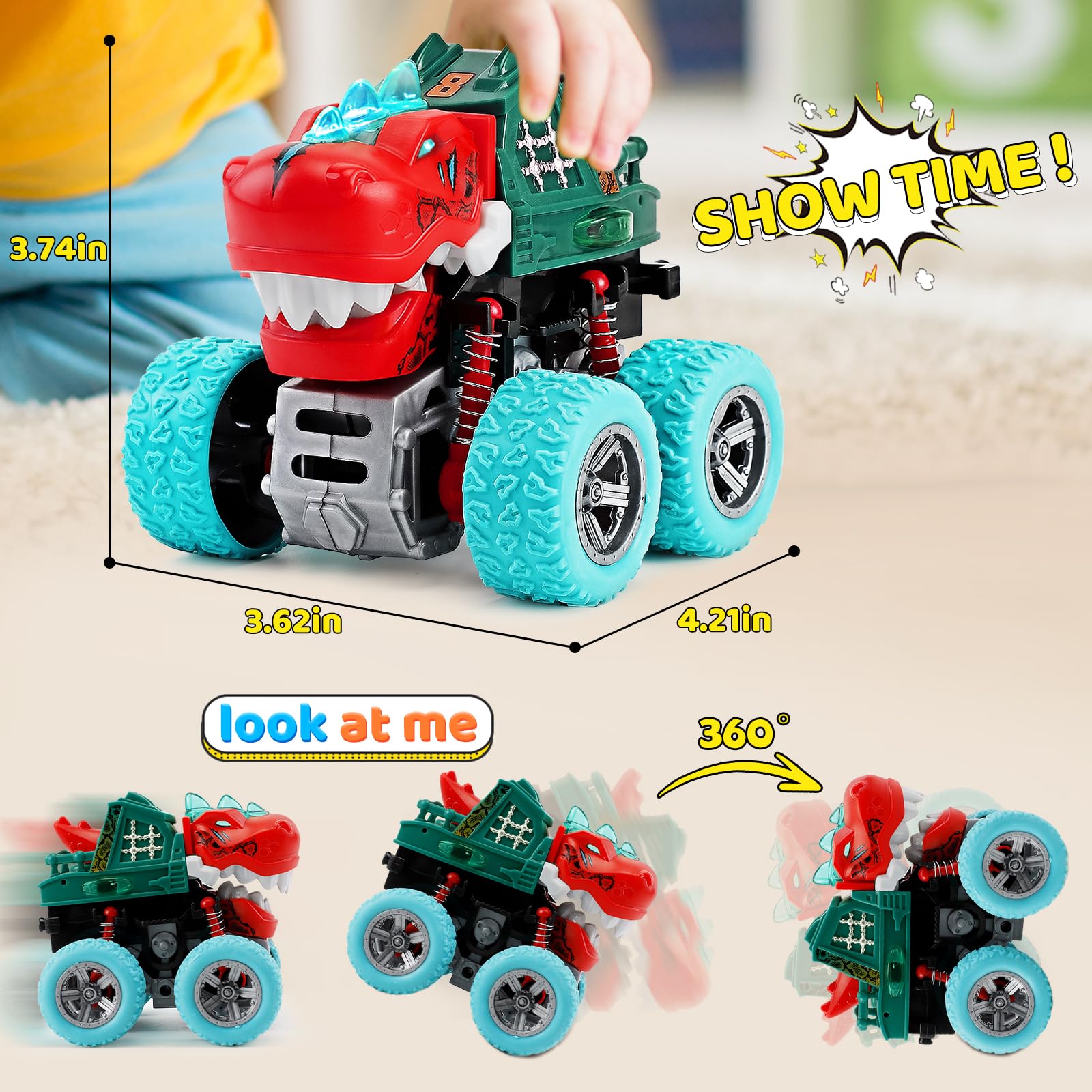 Dinosaur Monster Truck Toys for Kids 3-5 – Friction Powered 360° Stunt Spin with LED Lights & Roaring Sounds (2-Pack)