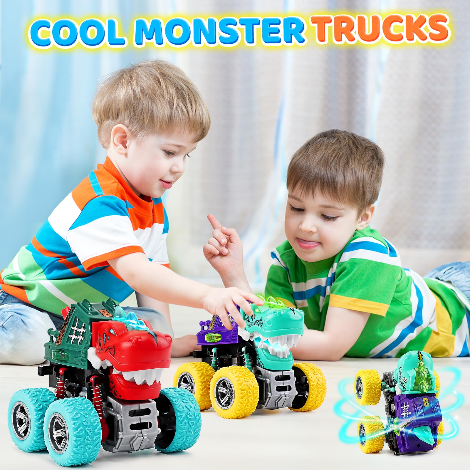 Dinosaur Monster Truck Toys for Kids 3-5 – Friction Powered 360° Stunt Spin with LED Lights & Roaring Sounds (2-Pack)