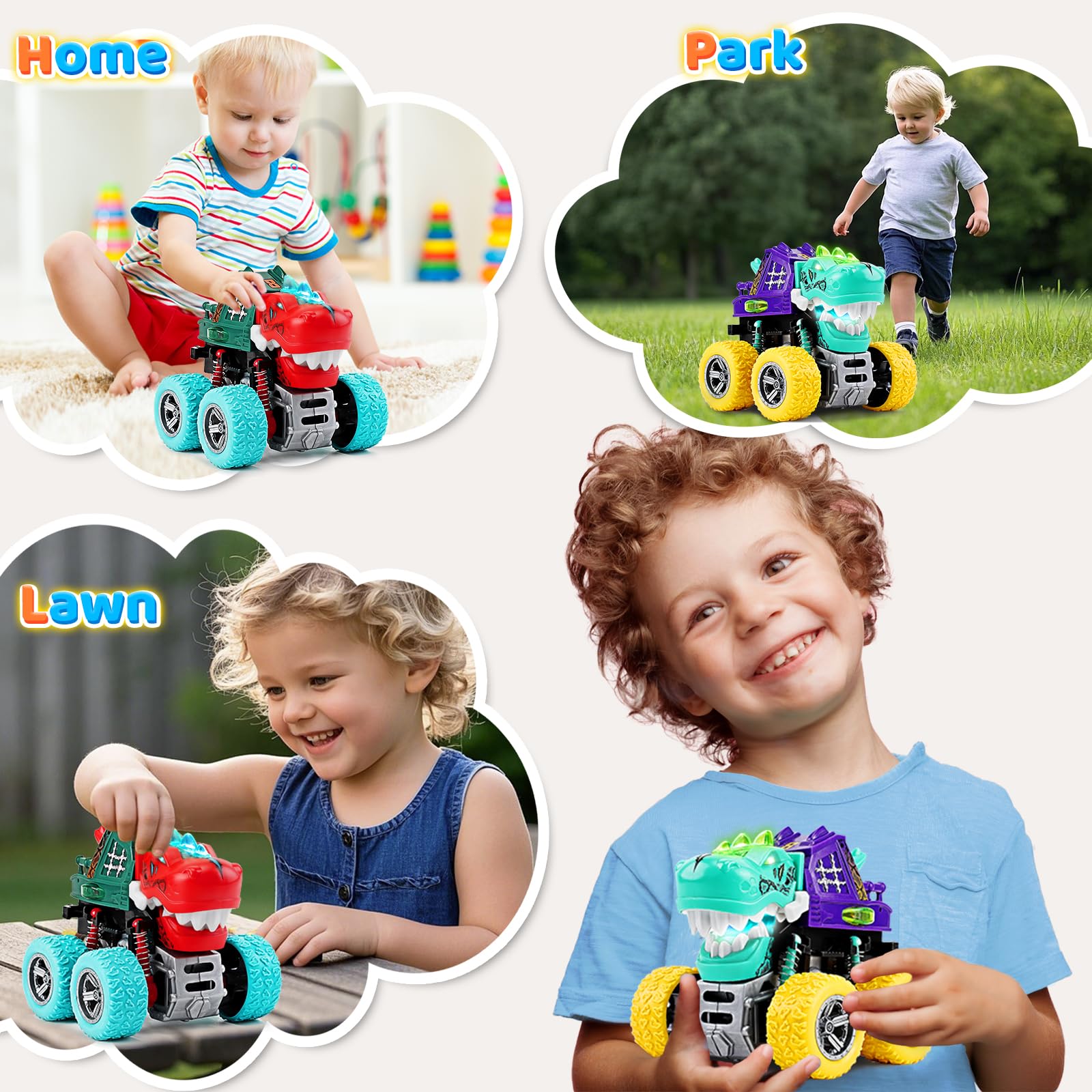Dinosaur Monster Truck Toys for Kids 3-5 – Friction Powered 360° Stunt Spin with LED Lights & Roaring Sounds (2-Pack)