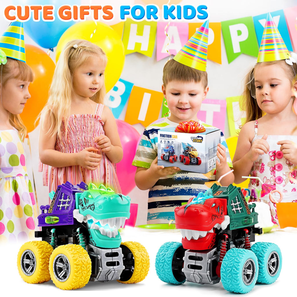 Dinosaur Monster Truck Toys for Kids 3-5 – Friction Powered 360° Stunt Spin with LED Lights & Roaring Sounds (2-Pack)