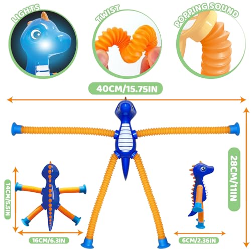 Dinosaur Pop Tube Fidget Toys – 4-Pack 6-Inch LED Light-Up Travel Sensory Toys for Kids Ages 3+ (Yellow, Pink, Blue, Green)