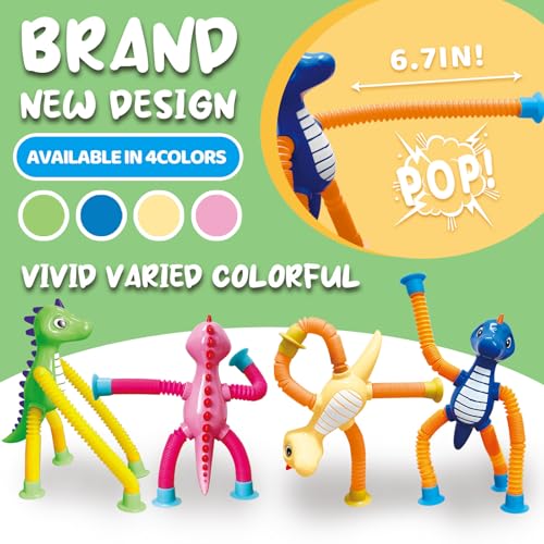 Dinosaur Pop Tube Fidget Toys – 4-Pack 6-Inch LED Light-Up Travel Sensory Toys for Kids Ages 3+ (Yellow, Pink, Blue, Green)