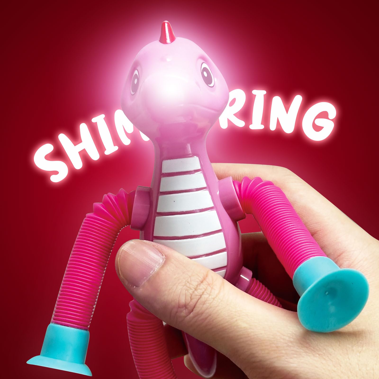 Dinosaur Pop Tube Fidget Toys – 4-Pack 6-Inch LED Light-Up Travel Sensory Toys for Kids Ages 3+ (Yellow, Pink, Blue, Green)