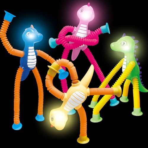 Dinosaur Pop Tube Fidget Toys – 4-Pack 6-Inch LED Light-Up Travel Sensory Toys for Kids Ages 3+ (Yellow, Pink, Blue, Green)