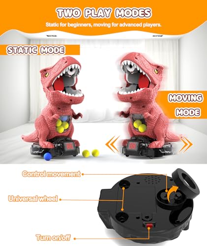 Dinosaur Shooting Toy with Moving Target, 2 Air Pump Guns, 48 Foam Balls, LED Score & Steam Effect for Kids 5+