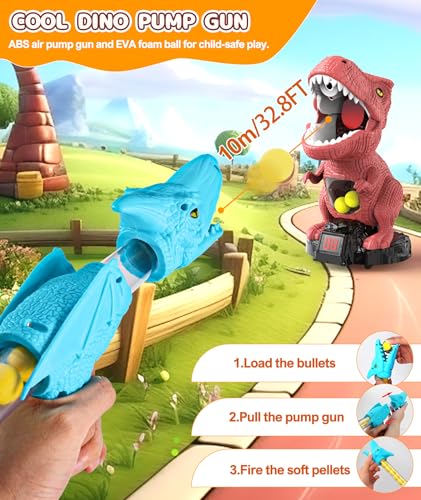 Dinosaur Shooting Toy with Moving Target, 2 Air Pump Guns, 48 Foam Balls, LED Score & Steam Effect for Kids 5+