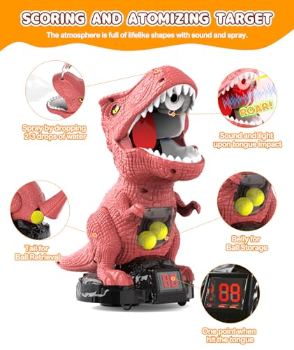 Dinosaur Shooting Toy with Moving Target, 2 Air Pump Guns, 48 Foam Balls, LED Score & Steam Effect for Kids 5+