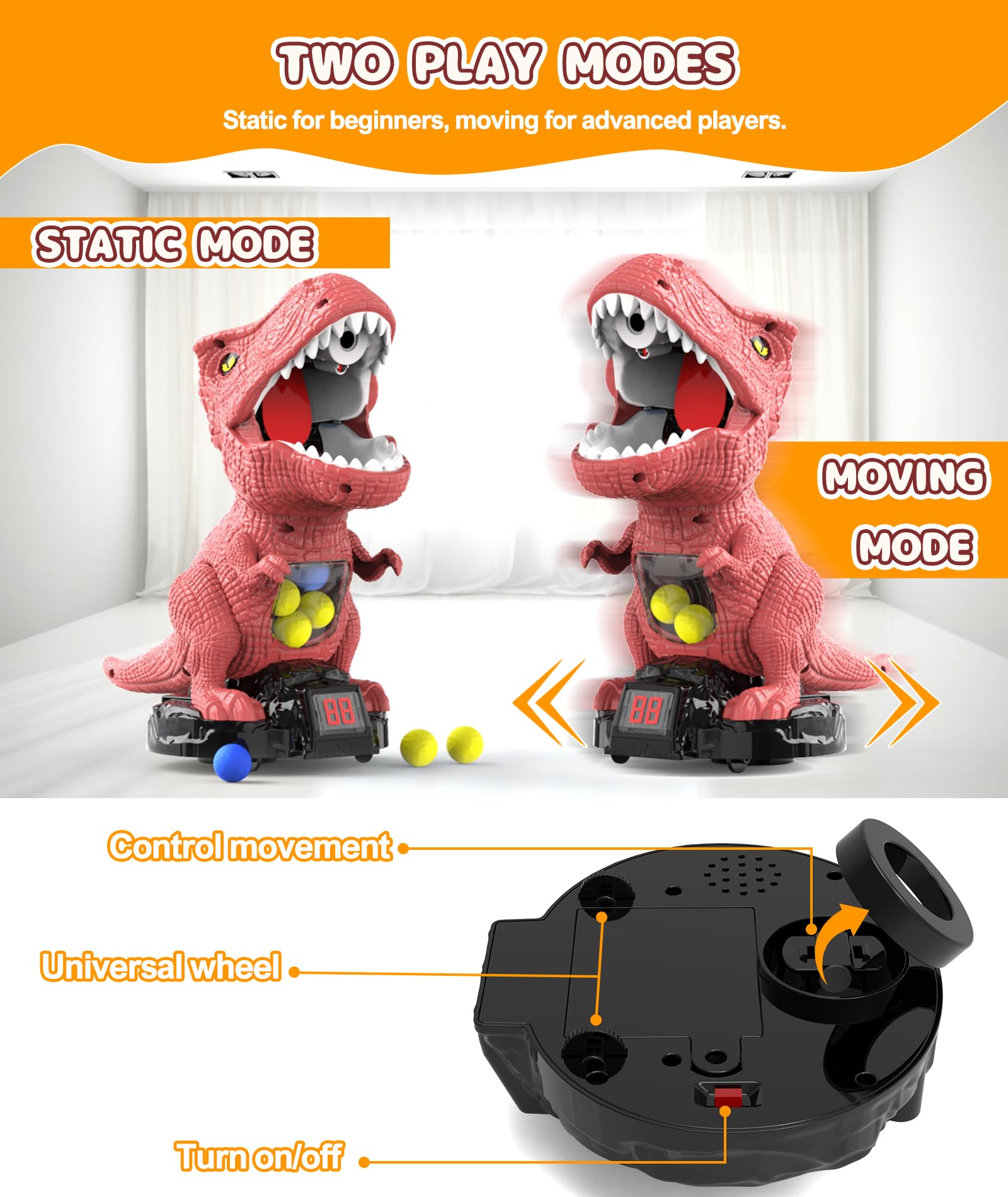 Dinosaur Shooting Toy with Moving Target, 2 Air Pump Guns, 48 Foam Balls, LED Score & Steam Effect for Kids 5+