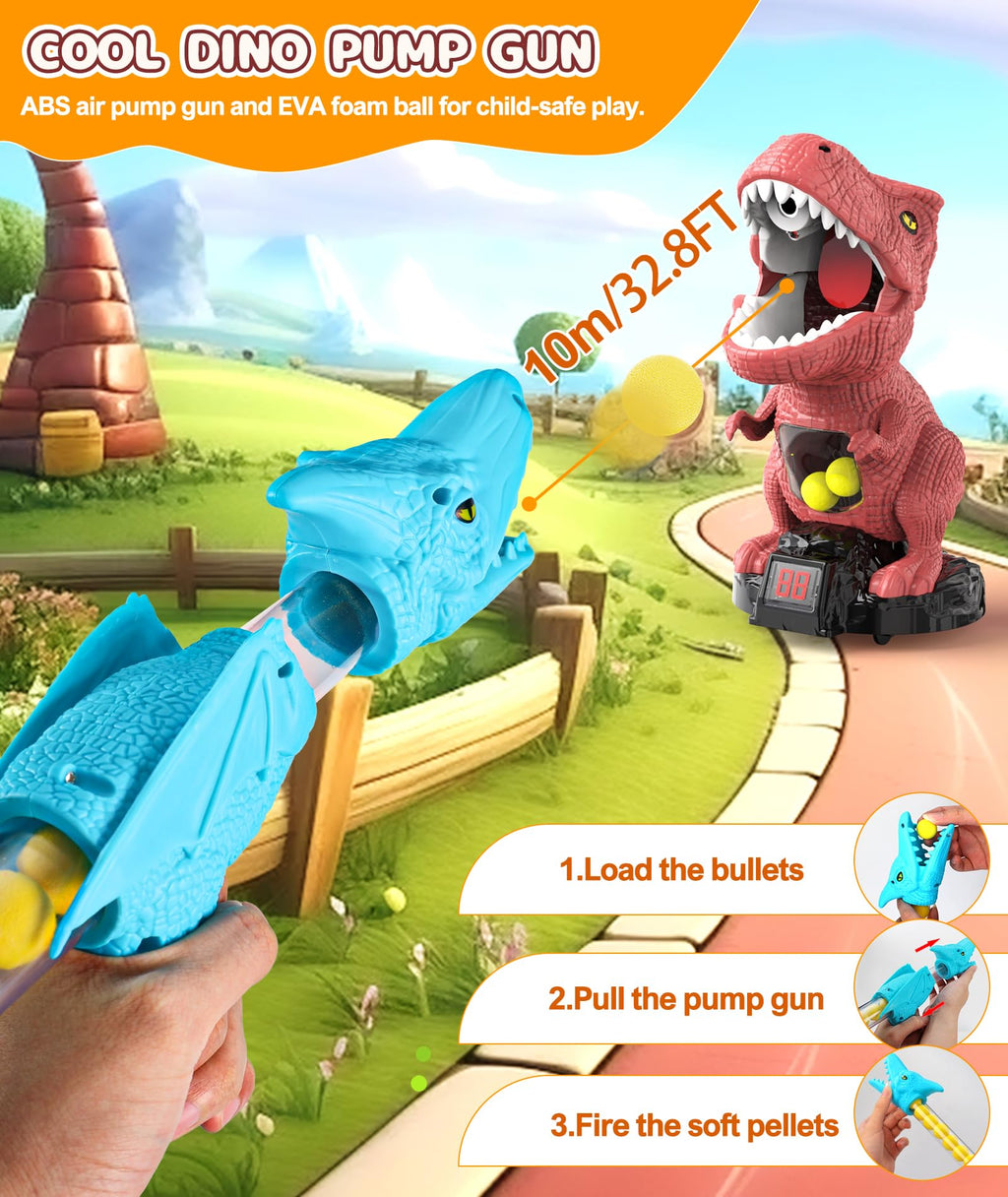 Dinosaur Shooting Toy with Moving Target, 2 Air Pump Guns, 48 Foam Balls, LED Score & Steam Effect for Kids 5+