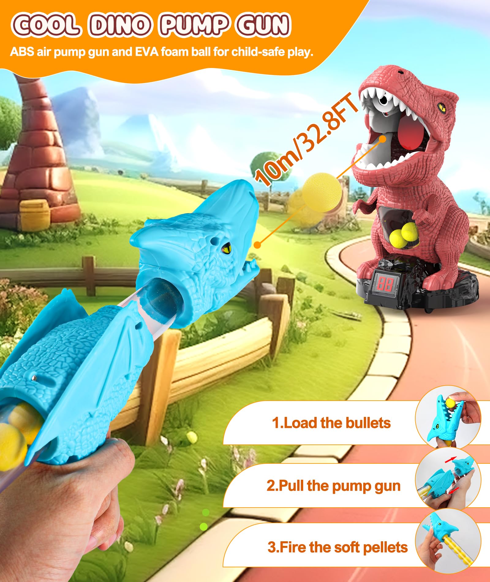 Dinosaur Shooting Toy with Moving Target, 2 Air Pump Guns, 48 Foam Balls, LED Score & Steam Effect for Kids 5+