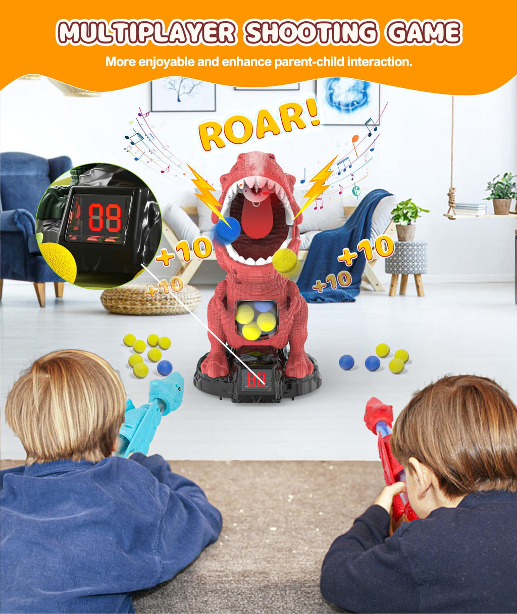 Dinosaur Shooting Toy with Moving Target, 2 Air Pump Guns, 48 Foam Balls, LED Score & Steam Effect for Kids 5+