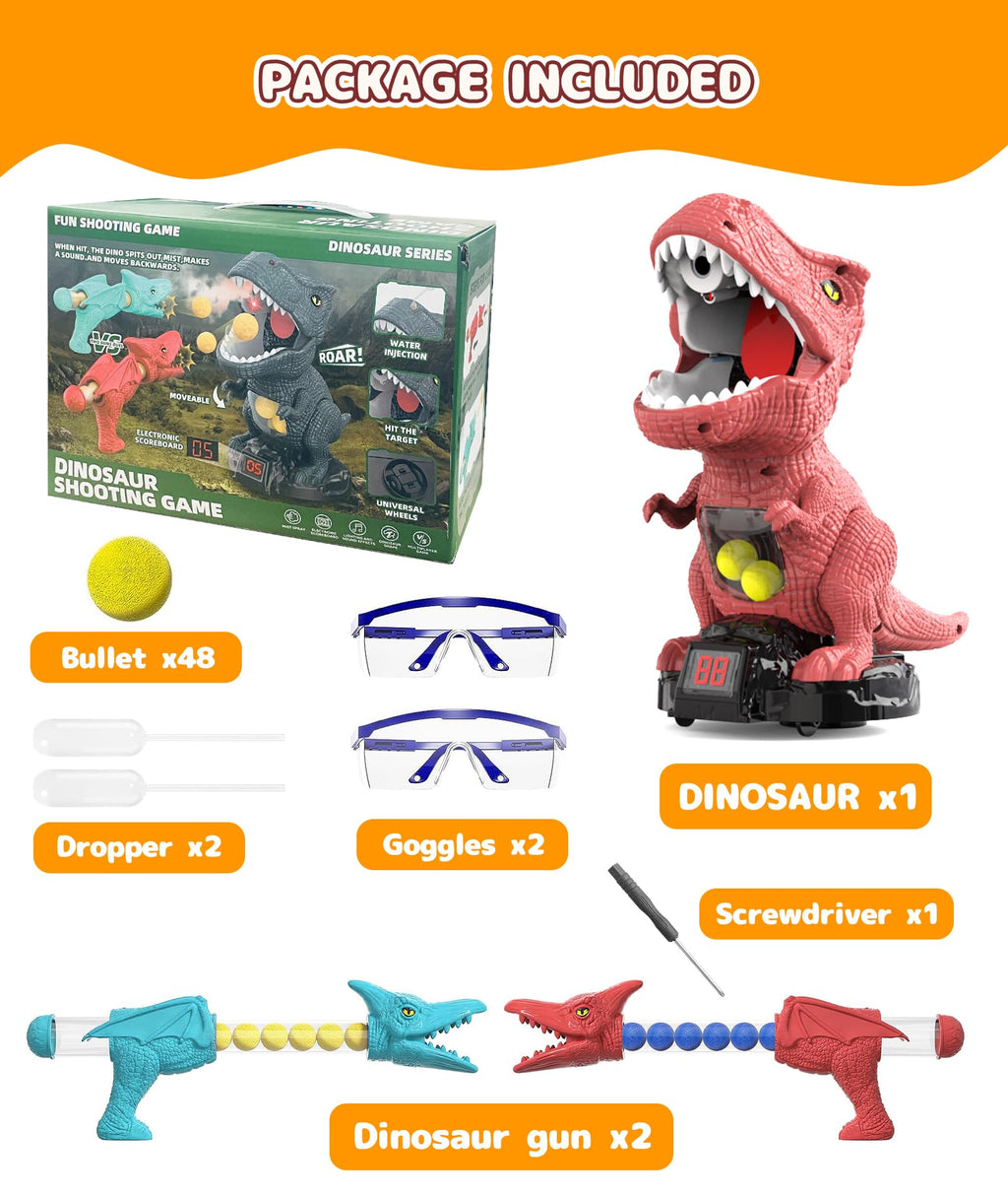 Dinosaur Shooting Toy with Moving Target, 2 Air Pump Guns, 48 Foam Balls, LED Score & Steam Effect for Kids 5+