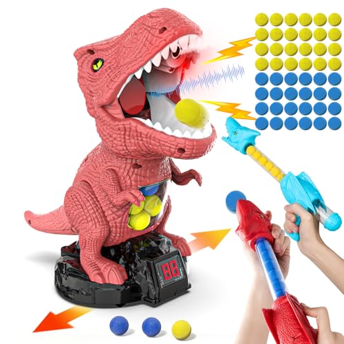 Dinosaur Shooting Toy with Moving Target, 2 Air Pump Guns, 48 Foam Balls, LED Score & Steam Effect for Kids 5+