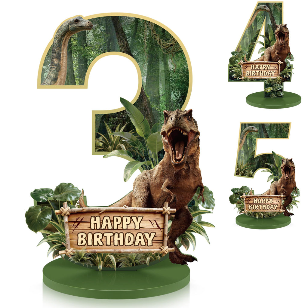 Dinosaur Table Decorations for 3rd Birthday – Wooden Number 3 Sign Centerpiece with Base