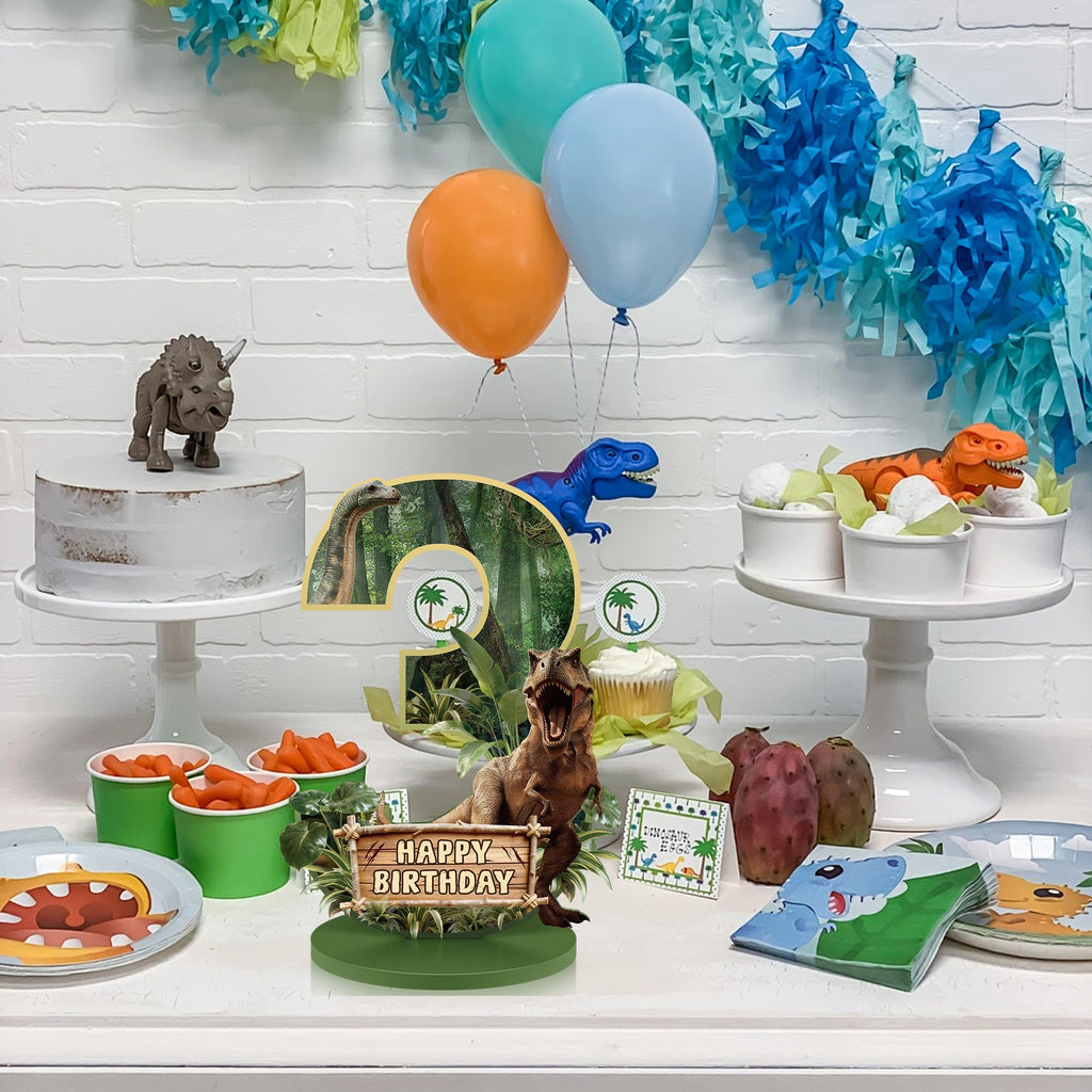 Dinosaur Table Decorations for 3rd Birthday – Wooden Number 3 Sign Centerpiece with Base
