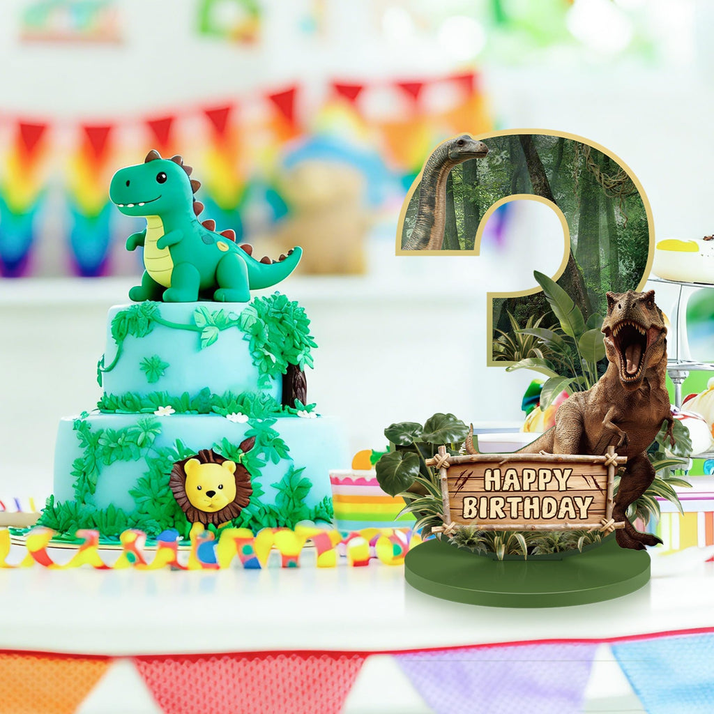 Dinosaur Table Decorations for 3rd Birthday – Wooden Number 3 Sign Centerpiece with Base