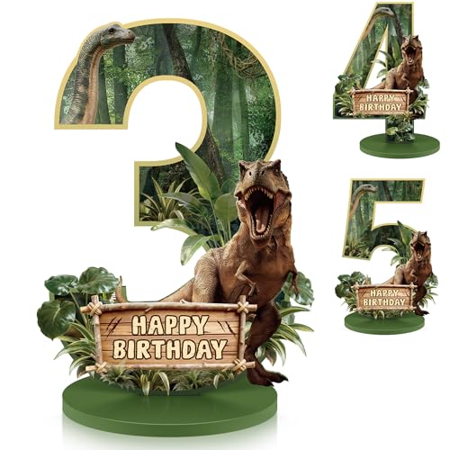 Dinosaur Table Decorations for 3rd Birthday – Wooden Number 3 Sign Centerpiece with Base