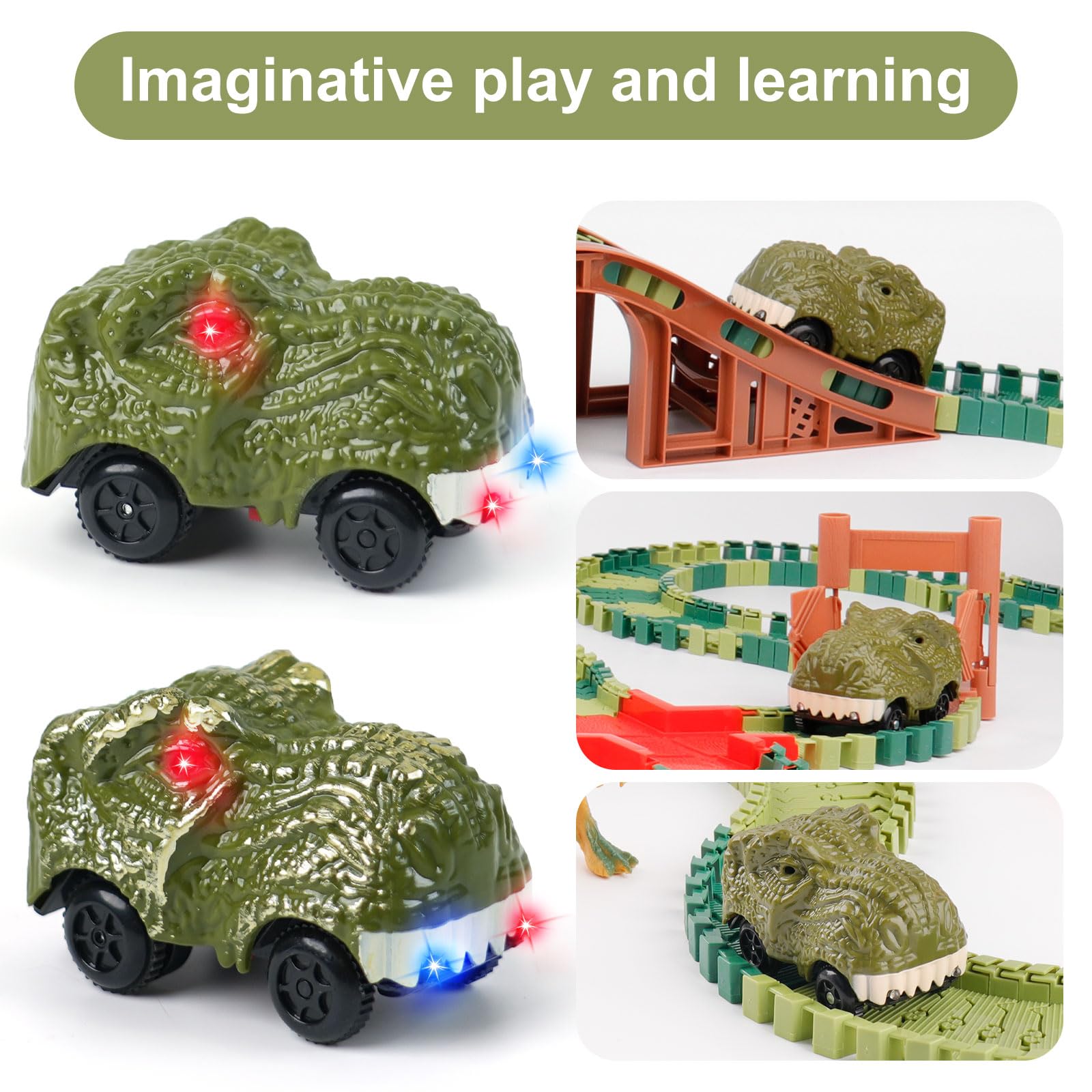 Dinosaur Track Car Toys 2-Pack – LED Light-Up Cars for Kids Ages 3-7, Compatible with Dinosaur Race Track Sets