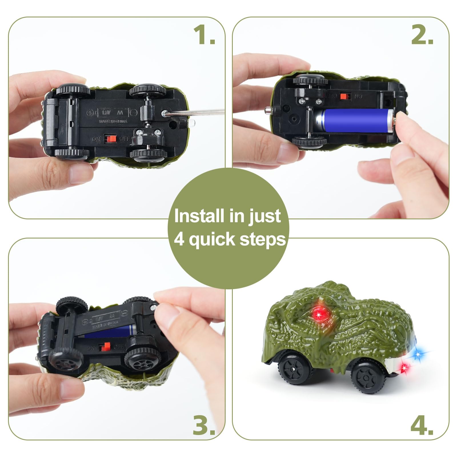 Dinosaur Track Car Toys 2-Pack – LED Light-Up Cars for Kids Ages 3-7, Compatible with Dinosaur Race Track Sets