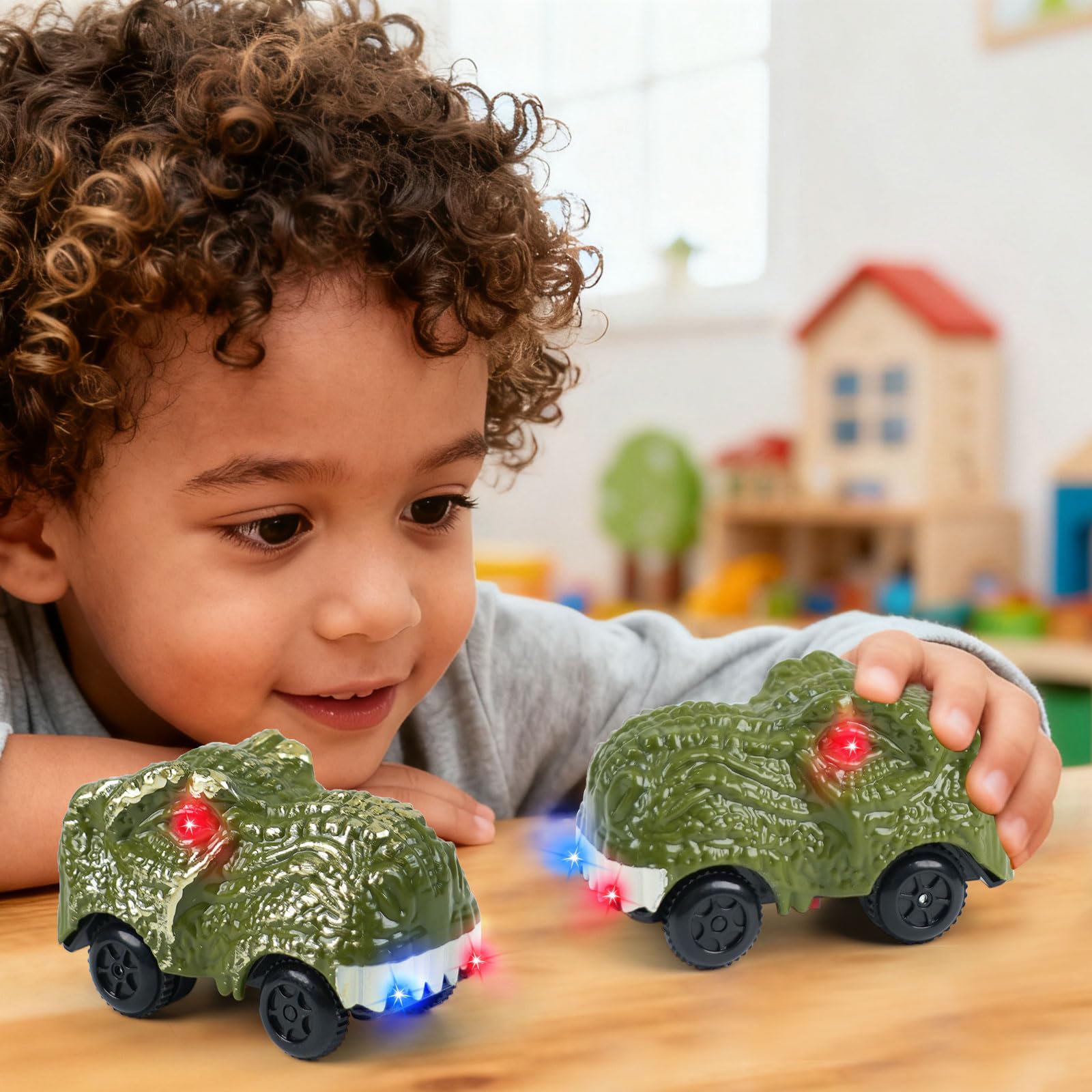 Dinosaur Track Car Toys 2-Pack – LED Light-Up Cars for Kids Ages 3-7, Compatible with Dinosaur Race Track Sets