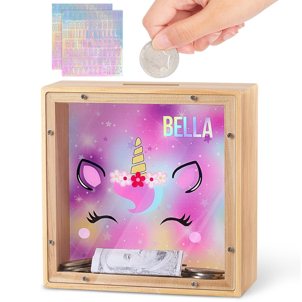 Dinosaur Wooden Piggy Bank for Kids - DIY Sticker Money Coin Bank with Acrylic Window