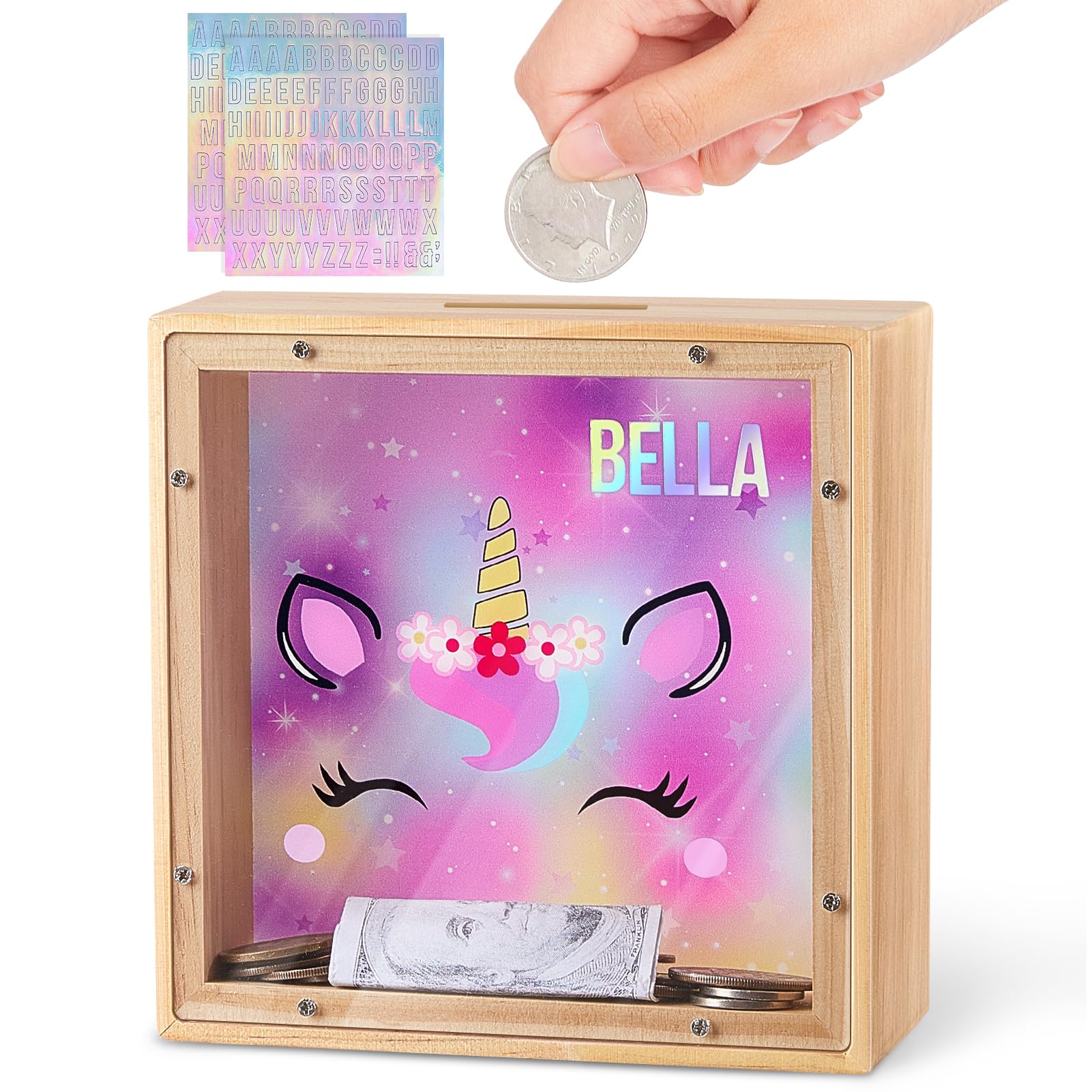 Dinosaur Wooden Piggy Bank for Kids - DIY Sticker Money Coin Bank with Acrylic Window