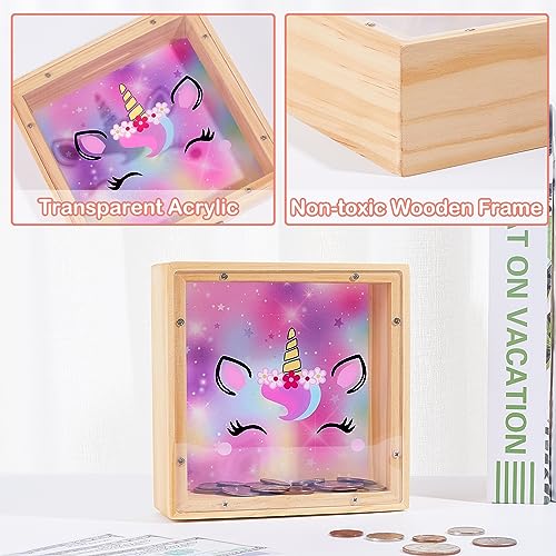Dinosaur Wooden Piggy Bank for Kids - DIY Sticker Money Coin Bank with Acrylic Window