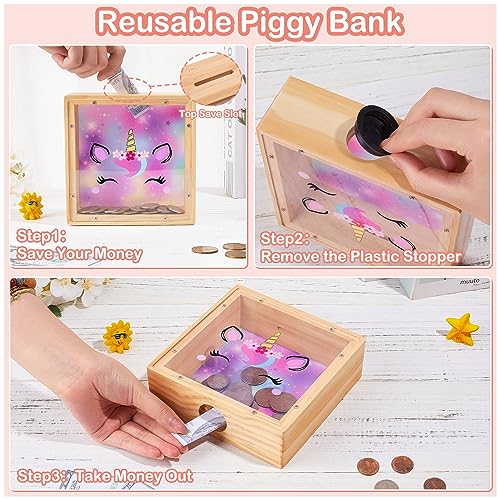 Dinosaur Wooden Piggy Bank for Kids - DIY Sticker Money Coin Bank with Acrylic Window