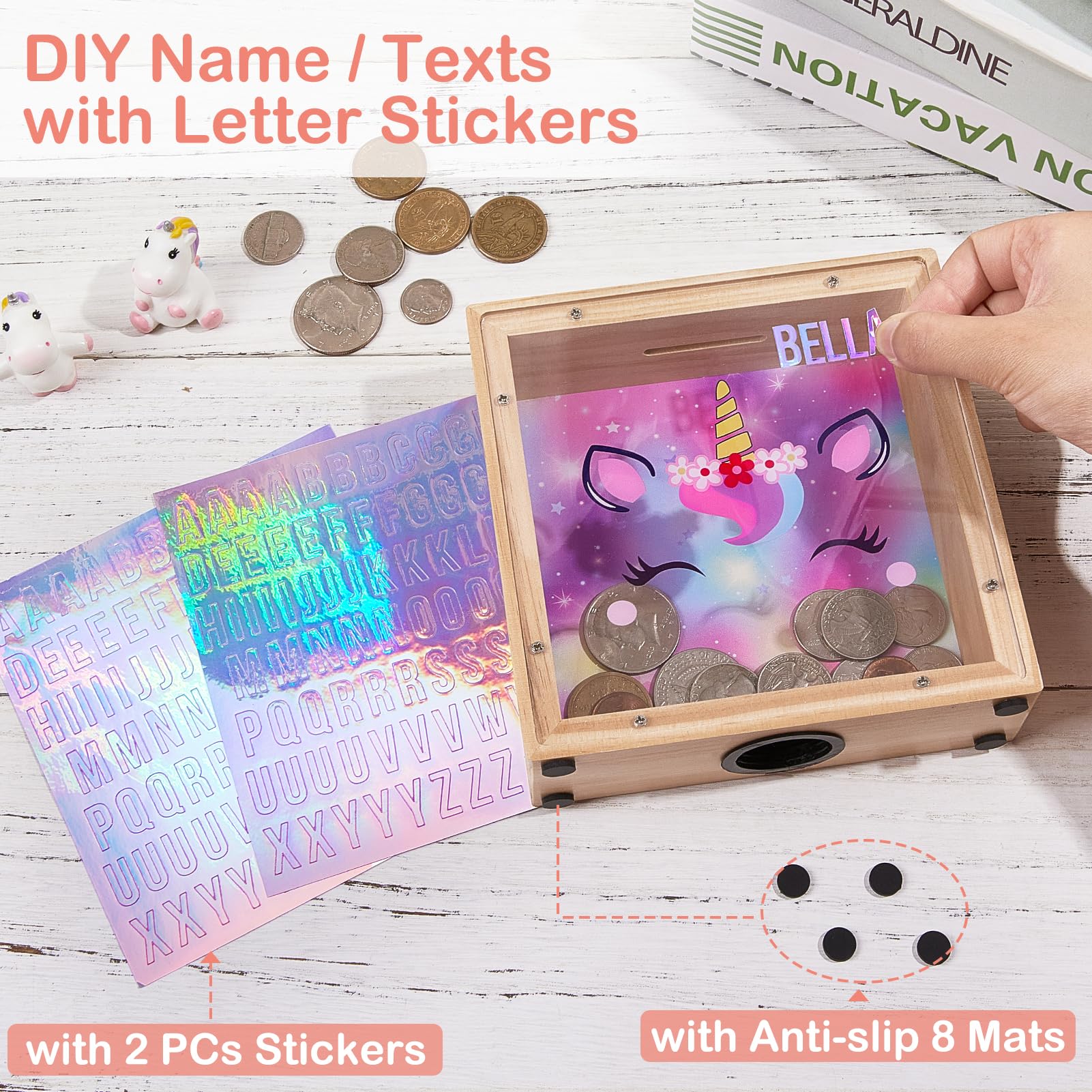 Dinosaur Wooden Piggy Bank for Kids - DIY Sticker Money Coin Bank with Acrylic Window