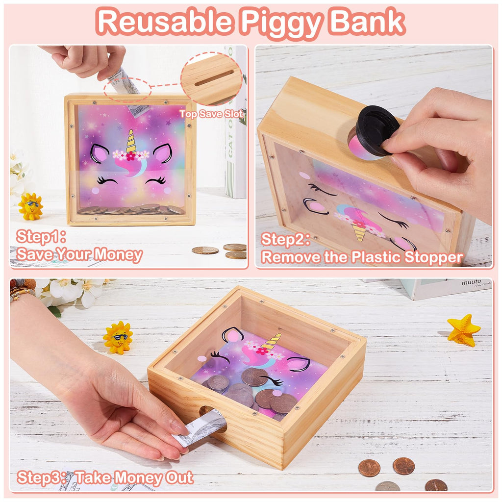 Dinosaur Wooden Piggy Bank for Kids - DIY Sticker Money Coin Bank with Acrylic Window