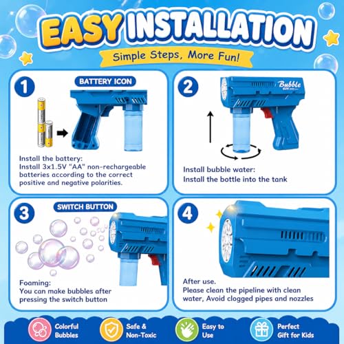 Dinxlon Kids Automatic Bubble Gun with LED Lights – Leakproof, 10,000+ Bubbles Per Minute, Blue (Includes Refill)