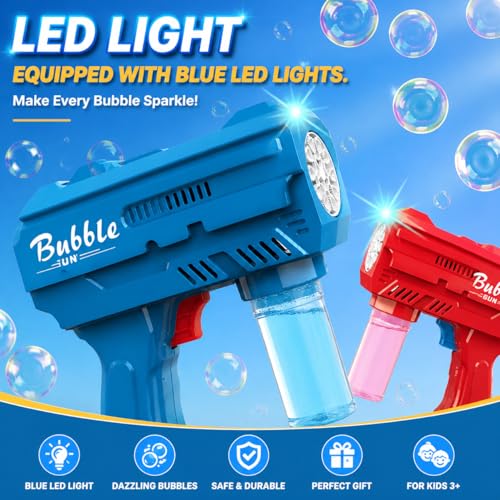 Dinxlon Kids Automatic Bubble Gun with LED Lights – Leakproof, 10,000+ Bubbles Per Minute, Blue (Includes Refill)