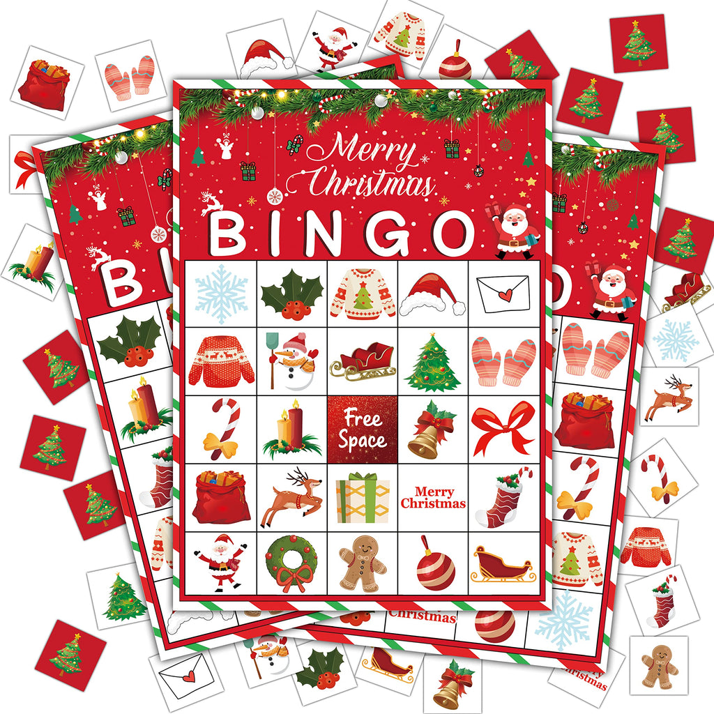 Disfuco Holiday Bingo Game Set for 24 Players – Christmas & Winter Party Favor Cards with Chips