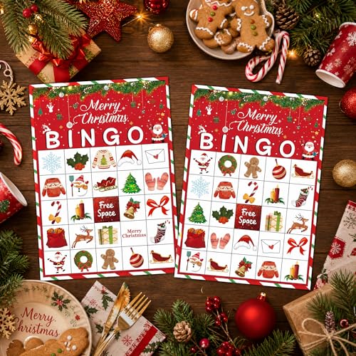 Disfuco Holiday Bingo Game Set for 24 Players – Christmas & Winter Party Favor Cards with Chips