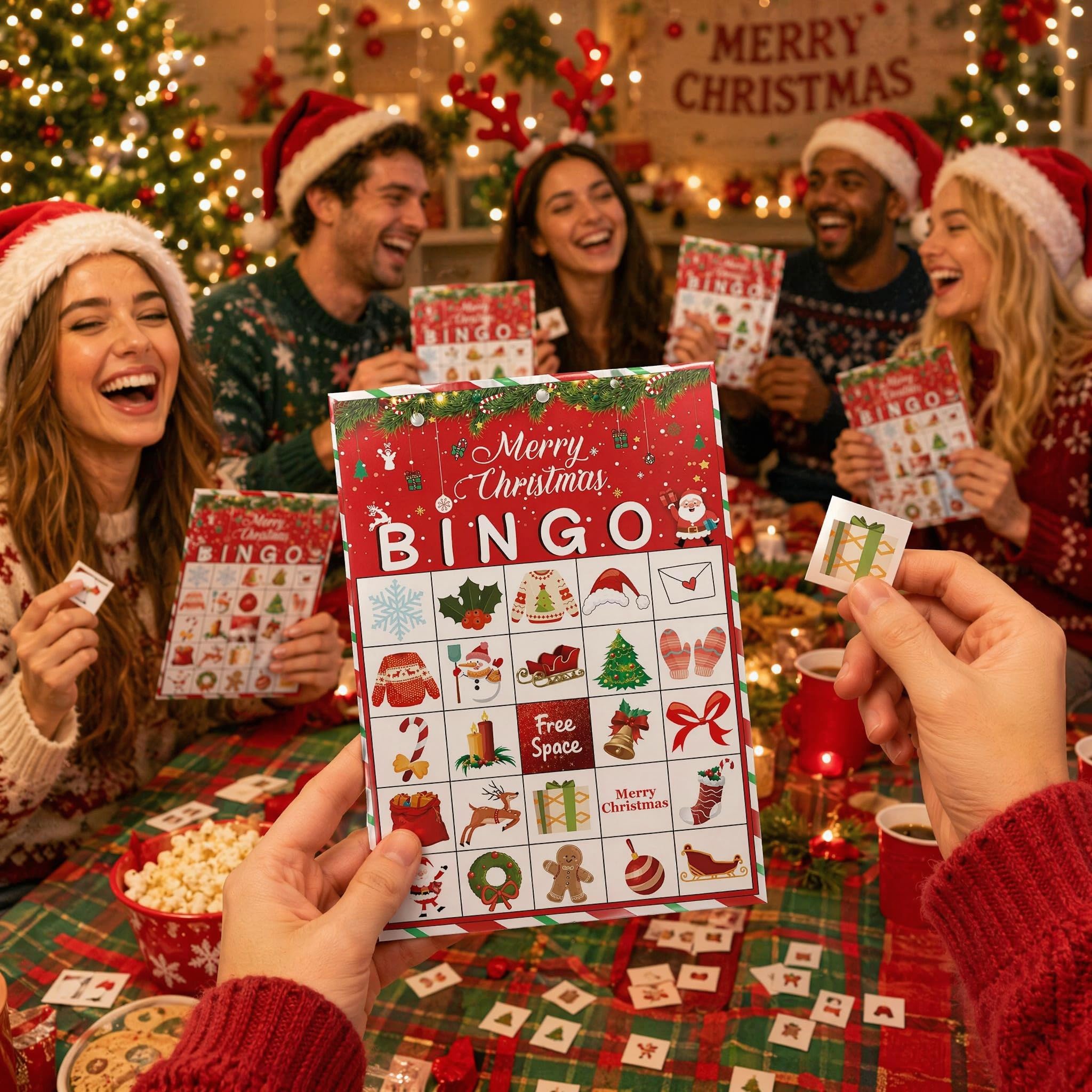 Disfuco Holiday Bingo Game Set for 24 Players – Christmas & Winter Party Favor Cards with Chips