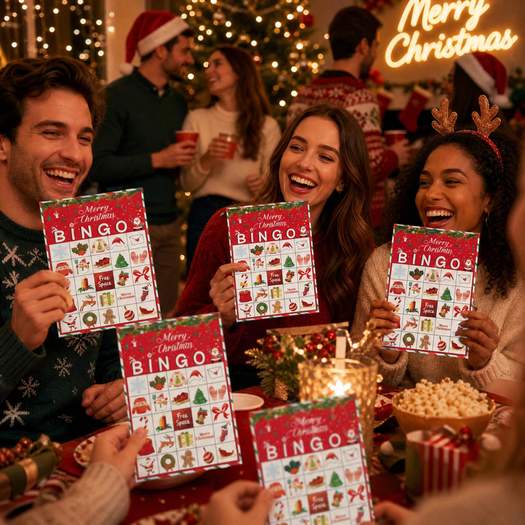 Disfuco Holiday Bingo Game Set for 24 Players – Christmas & Winter Party Favor Cards with Chips