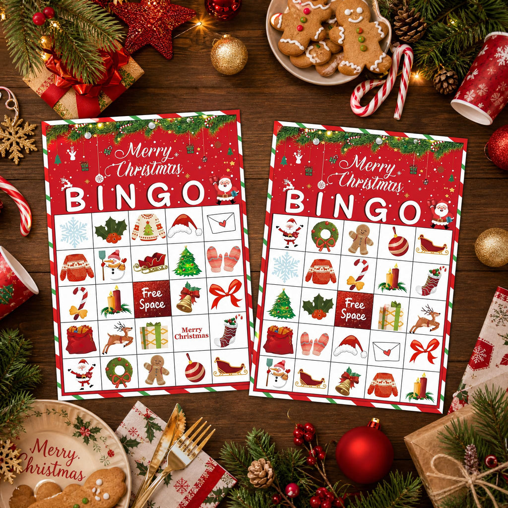 Disfuco Holiday Bingo Game Set for 24 Players – Christmas & Winter Party Favor Cards with Chips