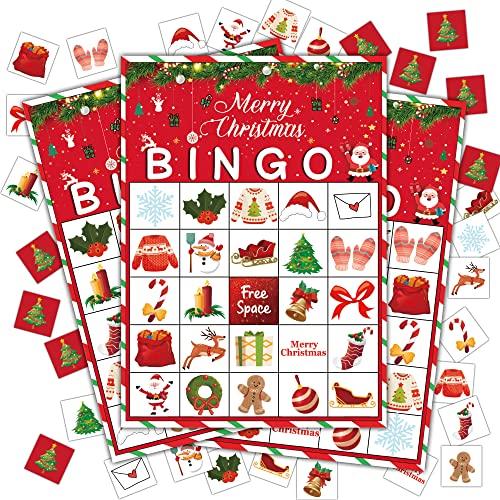 Disfuco Holiday Bingo Game Set for 24 Players – Christmas & Winter Party Favor Cards with Chips