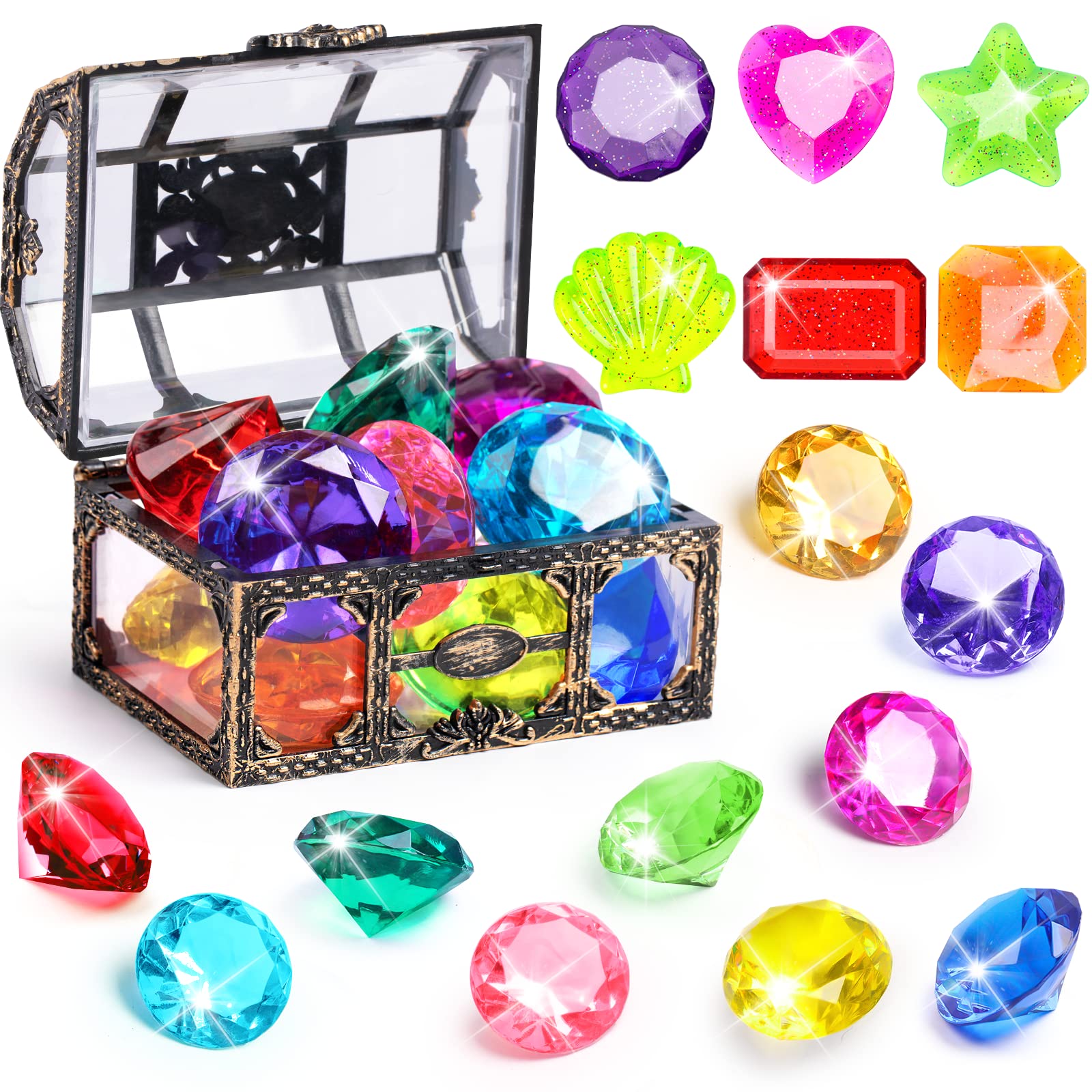 DISHIO Diving Gem Pool Toys – 16-Piece Large Swimming Toy Set with Treasure Chest for Kids