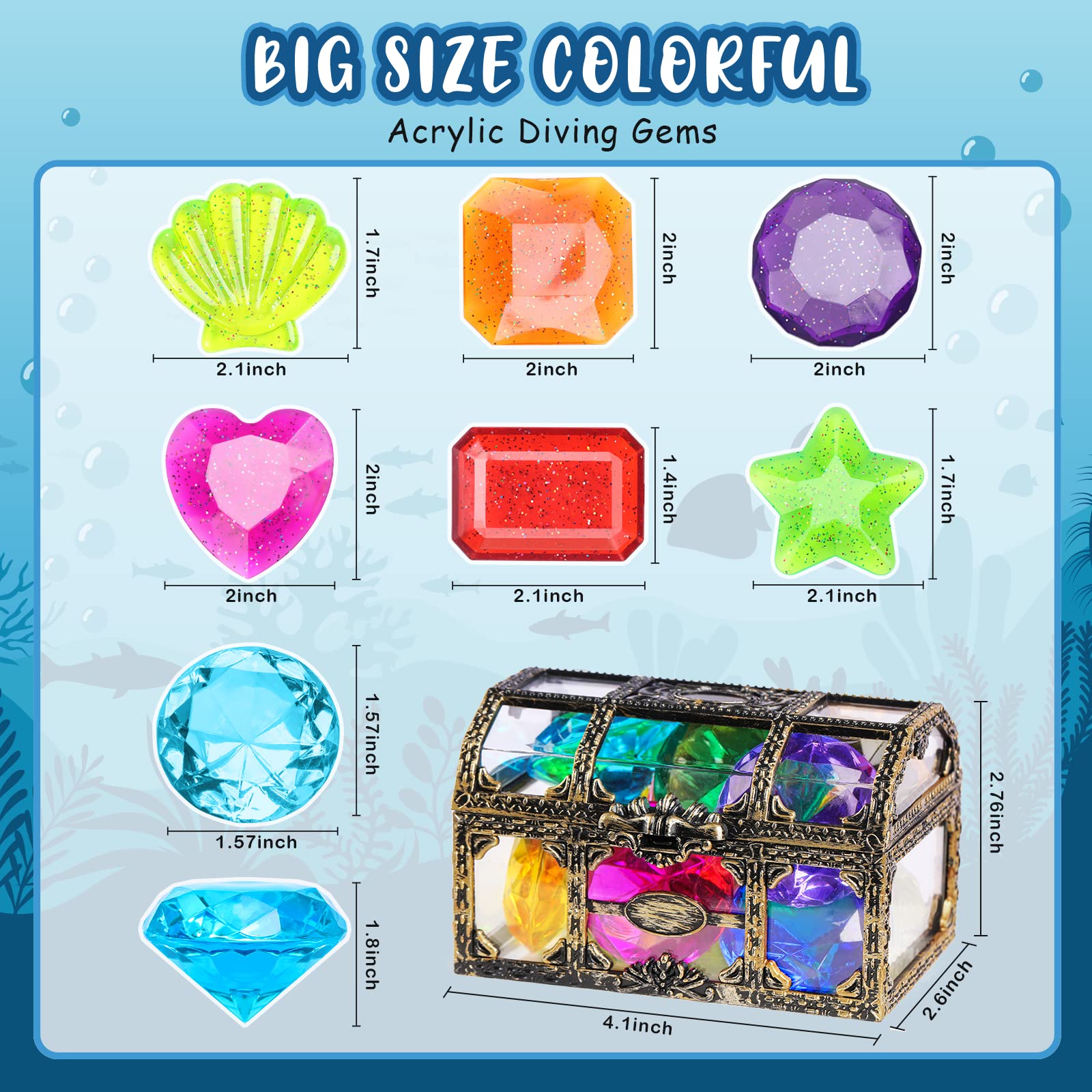 DISHIO Diving Gem Pool Toys – 16-Piece Large Swimming Toy Set with Treasure Chest for Kids