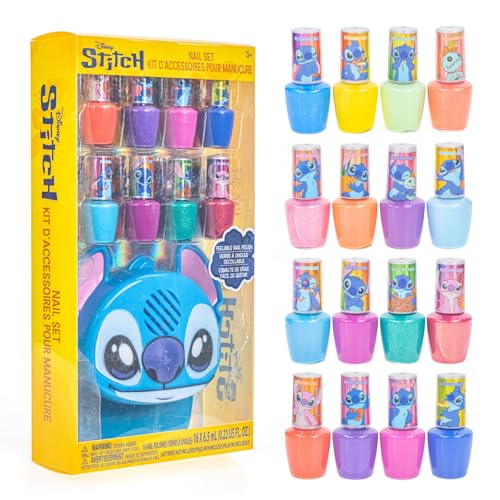 Disney Stitch 16-Color Water-Based Peel-Off Nail Polish Set with Nail Dryer - Safe for Kids 3+