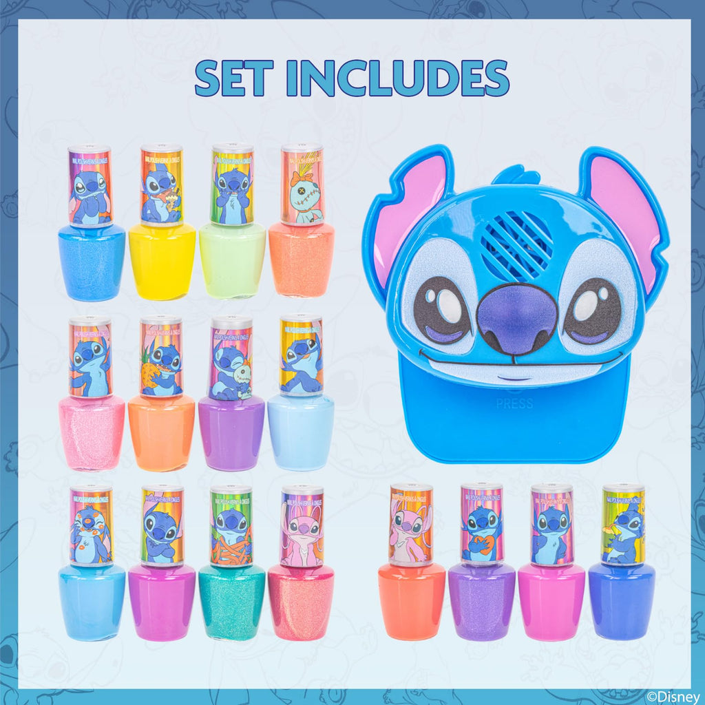 Disney Stitch 16-Color Water-Based Peel-Off Nail Polish Set with Nail Dryer - Safe for Kids 3+